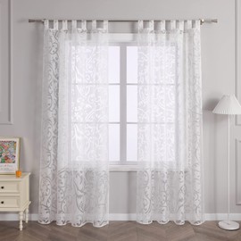 Delien Voile Burnout Curtain with Tendril Pattern, Transparent Curtain with Loops, Living Room Curtain, W x H 140 x 225 cm, White, Pack of 1
