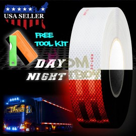 Free Tool Kit Red White DOT-C2 Approved 2" Inch x150 Foot Reflective Safety Tape Warning Caution Adhesive Conspicuity Marking Decal Sticker Roll Truck RV Trailer Boat ATV Construction