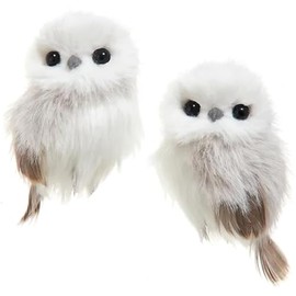 The Bridge Collection 4" Fluffy White Owl Ornaments - Set of 2, Woodland Birds Christmas Tree Decorations