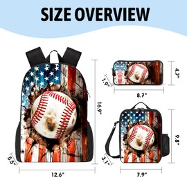 Scovotec 3PCS Baseball Print Backpack for Boys Girls Teens, School Backpack with Lunch Box Pencil Case for Elementary Middle High Students, 17 Inch Lightweight Bookpack 3 in 1 Set for Kids