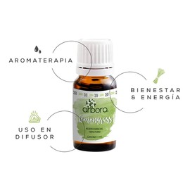 Lemongrass - Aromaterapia. Aceite Esencial 100% Puro y Certificado. Uso tópico o en Difusor. Aroma fresco y relajante. Árbora. 11 ml.