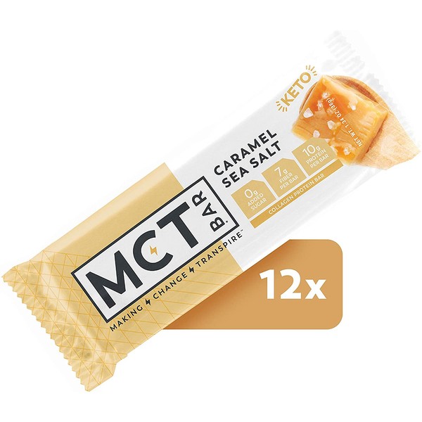 MCTBar Caramel Sea Salt Keto Protein Bar, 0g Added Sugar, 2-3g Net Carbs, Non-GMO, 1.34 oz, Pack of 12