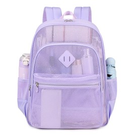 MOONBABY Mesh Backpack Heavy Duty See Through Backpack Transparent Bookbag for Swimming, Beach, Sports, Work, Travel (Purple)