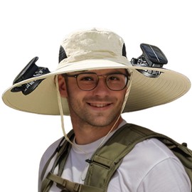 Men Sun Hat with 2 Solar Fan UPF 50+ Fishing Hats Wide Brim UV Protection Sun Hat for Beach Garden Outdoor Sports, USB Charging,Khaki,One Size