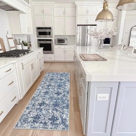 Lahome Moroccan Floral Washable Hallway Runner Rug, 2x6 Blue Kitchen Runner Rug with Rubber Backing, Bathroom Runner Rug Non Slip Carpet Runners Rugs for Bedroom Laundry (Blue 2'x6')