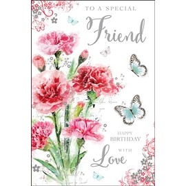 Special Friend Female Birthday Card - Pink Carnation Flowers and Butterflies