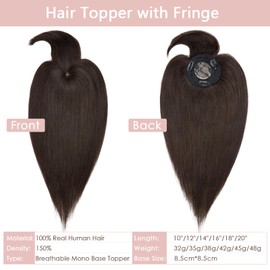 Silk-co 12 Inch Dark Brown Human Hair Topper with Fringe, 150% Density, 8.5cm x 8.5cm Base, Clip-in Hair Extensions