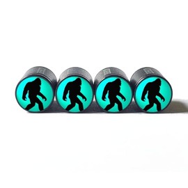 Bigfoot Sasquatch Walking (Teal) Tire Valve Caps - Black Aluminum - Set of Four