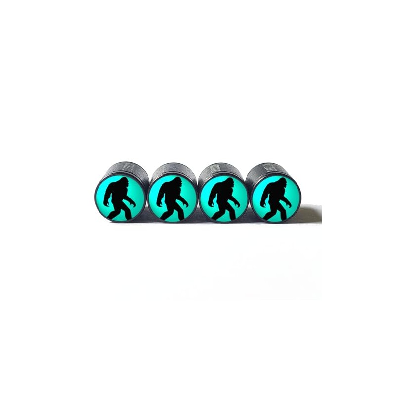 Bigfoot Sasquatch Walking (Teal) Tire Valve Caps - Black Aluminum