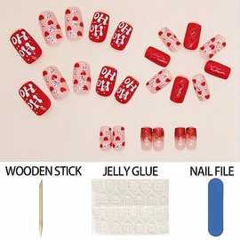 Christmas Press on Nails Short Medium Square Candy Cane Red Sequins Heart Nail Designs Fake Nails, Red Full Cover Acrylic Nails Xmas Stick on Nail Tip Winter False Nails Kit for Women Girls 24PCS