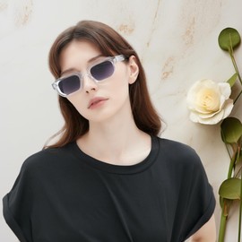 RUNHUIS Vintage Rectangle Sunglasses Women Men Retro Small Square Chunky Lenses, Transparent/Purple Grey