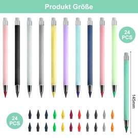 APOMOONS Pack of 24 Eternal Pencil with 24 Replacement Tips, Magic Colouring Pencils with Eraser, Pencil Without Sharpening, Eternal Pencils Set for Children, Adults, Office, Sketching and Drawing