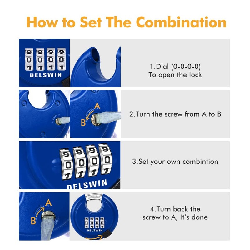 DELSWIN 4 Digit Combination Lock, Outdoor Combination Disc Padlock with