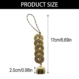 1 Piece Chinese Feng Shui Bell Decor with 5 Good Luck Coins for Wealth and Healthy, Peace and Success, Copper Feng Shui Hanging Bell Wind Chime,for Lucky Home Garden Patio Yard Hanging Decor Gift