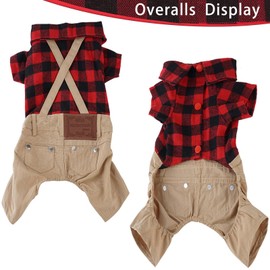 Christmas Dog Costume Red Plaid Shirt Khaki Dog Overalls Pants Jumpsuit Outfits Cool Pet Clothes for Small Dogs Cats Boy Girl, Jeans Overalls Onesies Pjs Apparel Christmas Costume Birthday Party Dress