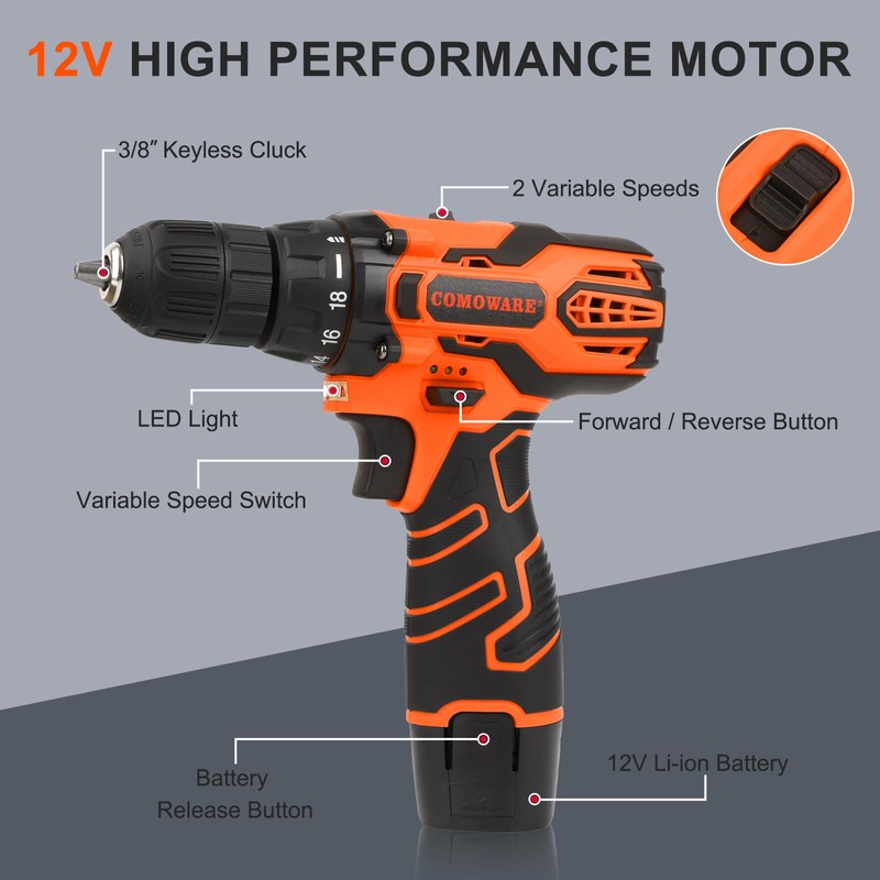 COMOWARE Cordless Drill Set, 12V Power Drill with Battery &