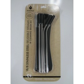 MANNA 18/8 Stainless Steel Reusable Straws with Cleaning Brush & Carry Pouch - Stainless Steel Black