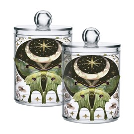 2 Pack Qtip Holder Dispenser for Cotton Ball Luna Moth Moon Swab Round Pads Clear Plastic Acrylic Jar Set Bathroom Canister