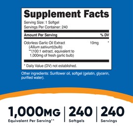 Nutricost Nutricost Garlic 1000mg, 240 Softgels (3 Bottles) - Odorless, Premium Gluten Free Supplement