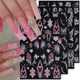 Glitter Nail Stickers for Nail Art Reflective Flame Butterfly Nail Decals Pink White Flower Nail Art Stickers for Nail Designs Star Heart Stickers for Nails French Tip Nail Stickers for Girls Women