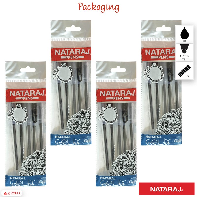 NATARAJ - 20 Gelix Gel BLACK Pens 0.7mm Fine Tip