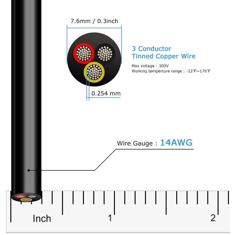 14 Gauge 3 Conductor Electrical Wire, 65.6FT Black Stranded Low