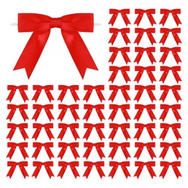 Meseey 50 Pcs 3 Inches Twist Tie Satin Ribbon Bows Red Pretied Premade Craft Bows for Treat Bags Gift Wrapping Basket Wedding Baby Shower Brithday Christmas Party (3", Red)
