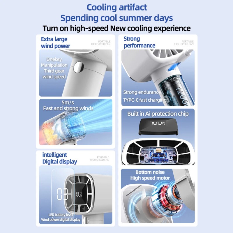 Portable Handheld Fan Digital Display 3 Speeds Ajustable Mini Rechargeable