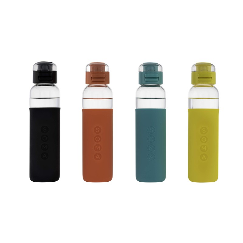 SOMA Glass Water Bottle with Silicone Sleeve, Sport Cap, 17-ounce,