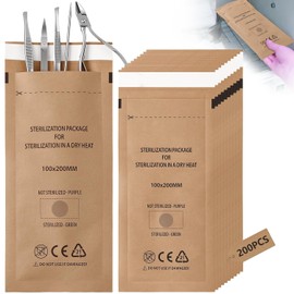 200PCS Bolsa de Papel Kraft Autosellante, Bolsa para Limpiar Uñas, | 100 X 200 mm, Resistente a Altas Temperaturas, Con Indicadores Luminosos, para Dental, Salones de Manicura