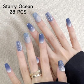 DUKASOU Semi Cured Gel Nail Strips, 28 pcs Gel Nails Stickers for Women Work with Any UV Lamp, Long Lasting UV Gel Nail Strips for Home DIY Nails Art (Starry Ocean)