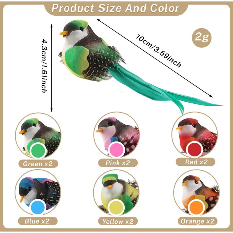 Dwafill 12 Pcs Multicolor Artificial Feather Garden Birds Clip Birds