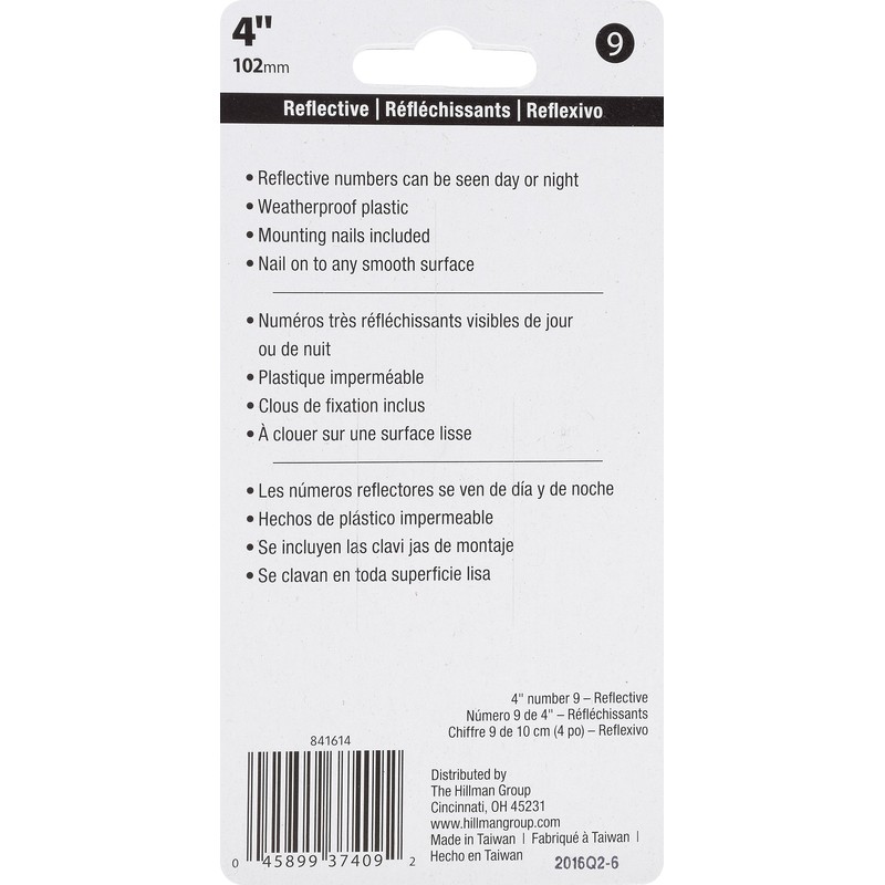 HIllman 841614 4-Inch Nail-On Reflective Plastic House Number 9