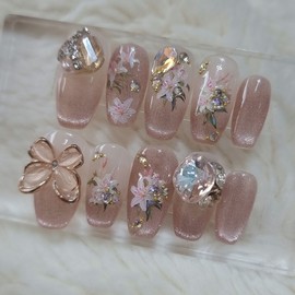 Rose gold shell butterfly handmade nail tip - long ballerina / 로즈골드쉘 버터플라이 수제네일팁 - 롱발레리나