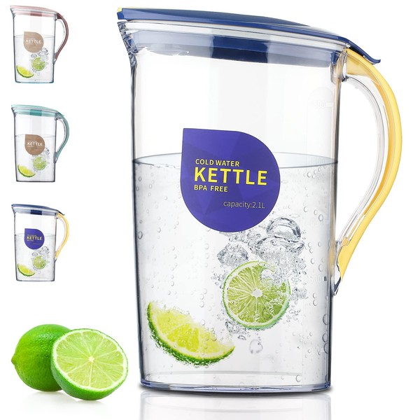 Berglander Fridge Door Water Pitcher with Lid Perfect for Making Tea, Juice and Cold Drink, 2.1L Water Jug Made of Clear PET, No Smell Clear Fiber Glass Carafe BPA Free