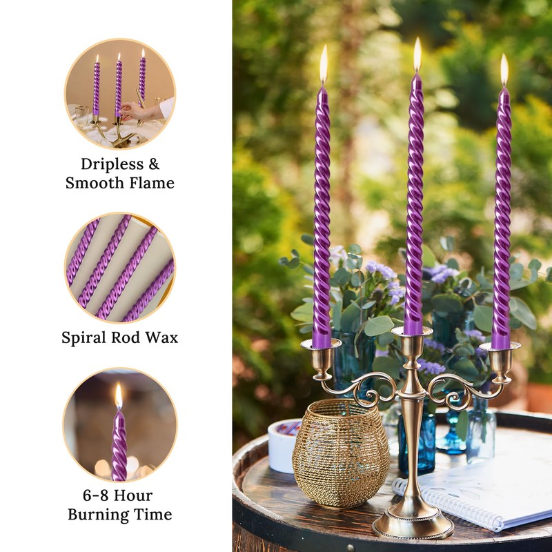 10 Inch Neon Purple Spiral Taper Candles Set for Dinner,