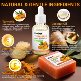 3PCS Turmeric Soap & Serum Set - Turmeric Face Serum + 2 Turmeric Soap Bars with Vitamin C & E - Deep Cleanses Pores, Reduces Acne, Controls Oil, Soothes Skin - Hydrating Facial Kit for All Skins