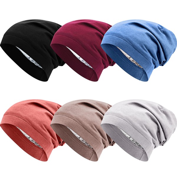 6 Pieces Satin Lined Sleep Slouchy Cap, Hair Cap for Sleeping, Girl Headwear for Frizzy Curly Hair Women (Warm Colors)