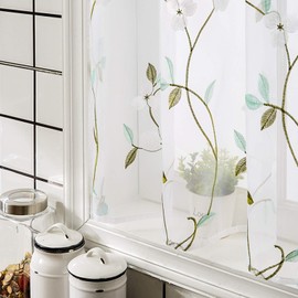 MRTREES Voile Sheer Tier Curtains, Floral Embroidered Kitchen Tiers Rod Pocket, Multi Color Cafe Curtain Tiers Small Half Window Treatment for Bathroom(2 Panels, 30x24 Inches, White)