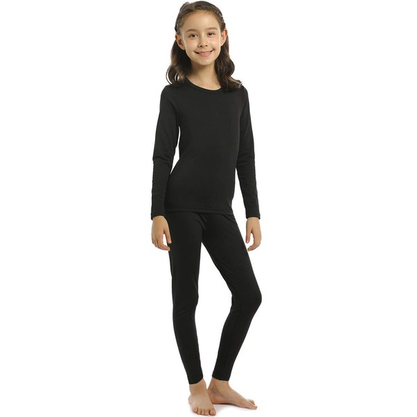 Girls Thermal Underwear Set Kids Long Johns Fleece Lined Base Layer Black Small