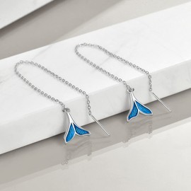 Mermaid Tail Threader Earrings for Women Sterling Silver Through Long Chains Blue Mermaid Dangle Drop Earrings Jewelry Gifts for Women Teens