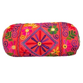 Bolster Cotton Boho Cushion Cover 18 x 7 inch (46 x 18 cms) Round Cylinder Takiya For Yoga, Meditation, Travel, Floor Cushion Embroidered, Back Neck Maternity Support Pillowcase Vegan (covers only)