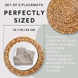 Set of 2 Round Woven Placemats Set of 2, 13.7'' Wicker Chargers for Dinner Plates, Handmade Round 100% Hyacinth Placemats, Heat Resistant Rattan Charger Plates for Rustic Boho Farmhouse Table Decor