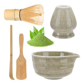 Matcha Set, Japanese Tea Set Includes Matcha Bowl with Spout, Matcha Whisk Holder, Bamboo Matcha Whisk and 2pcs Bamboo Scoop, 17 oz Mottled Tea Green Glaze Ceramic Matcha Kit for Matcha Lover