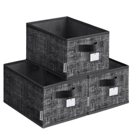 SONGMICS Set of 3 Foldable Fabric Storage Boxes 30 x 20 x 15 cm for Wardrobe 2 Handles Label for Bedroom Living Room Ink Black ROB415B01