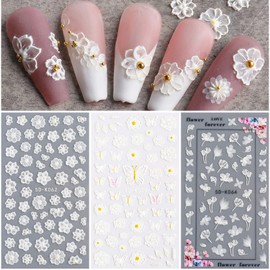 5D Flower Nail Art Stickers White Butterfly Nail Decals 5D Stereoscopic Embossed Nail Art Supplies Exquisite Floral White Nail Stickers Nail Art Accessories Acrylic Nail Designs Charms (3 Sheets)