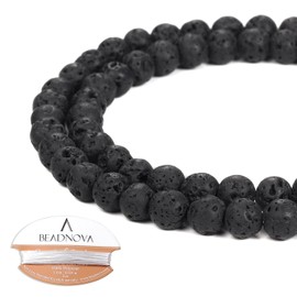 BEADNOVA Black Lava Beads Natural Crystal Beads Stone Gemstone Round Loose Energy Healing Beads with Free Crystal Stretch Cord for Jewelry Making (6mm, 60-62pcs)