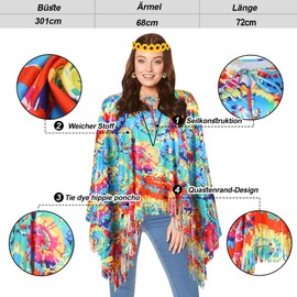 YADODO YADODO Hippie Kostüm Damen Poncho Set mit Hippie Accessoires 60er 70er Jahre Bekleidung Damen Frau Hippie Kleidung Damen Boho Flower Power 70er Mode Disco Outfit Damen Faschingskostüme Hippie Hippi