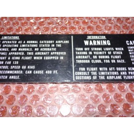Piper Aircraft Limitations Metal Placard 87369-17