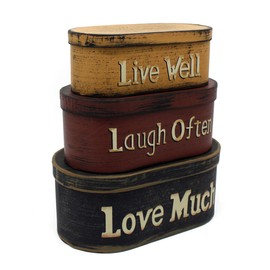 CVHOMEDECO. Primitives Vintage Oval Live Well, Laugh Often, Love Much Cardboard Nesting Boxes, Large 24.7 x 14 x 10 cm, Set of 3